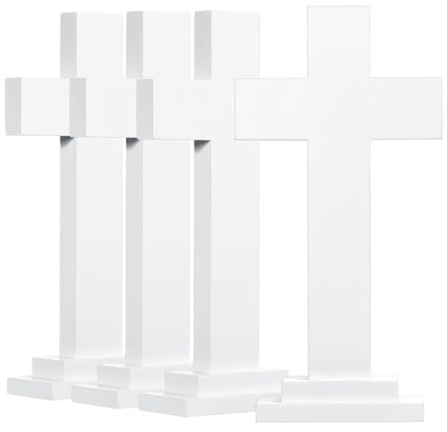 Bucherry 4 Pack 7.87 Inch Wood Crosses with Stand, Wooden Crosses Easter Cross Tabletop Decor Religious Christian Gift Baptism Centerpieces for Table Church Sunday First Communion (White)