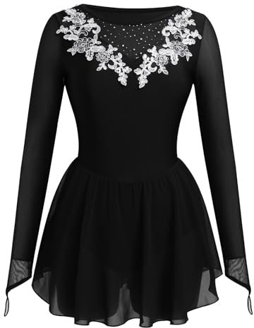 FYMNSI Damen Tanzkleid Eiskunstlauf Kleid Langarm K�rkleid Rollkunstlauf Wettbewerb Tanzanzug mit Strass Blumen Mesh Chiffon Rock Ballettkleid Gymnastik Leotard Turnanzug Tanzkost�m Schwarz M