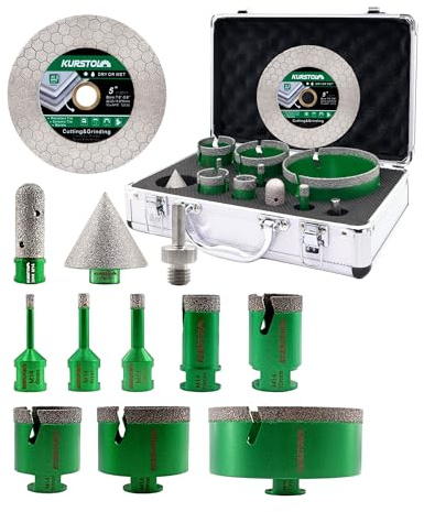 Punte Diamantate Gres Porcellanato 13 Pezzi - KURSTOL 6/8/10/25/35/50/68/110mm+20mm Fresa+50mm Punte Smusso+125mm Disco Diamantato+Adattatore per Porcellana Piastrelle Ceramica Marmo Granito