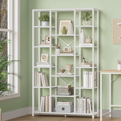 Hzuaneri Bücherregal, Standregal mit 6 Ebenen 15 Ablagen, Verstellbare offene Ablagen, für Wohnzimmer, Büro, Schlafzimmer, 30 x 100 x 170cm, Weiß, BC15013W