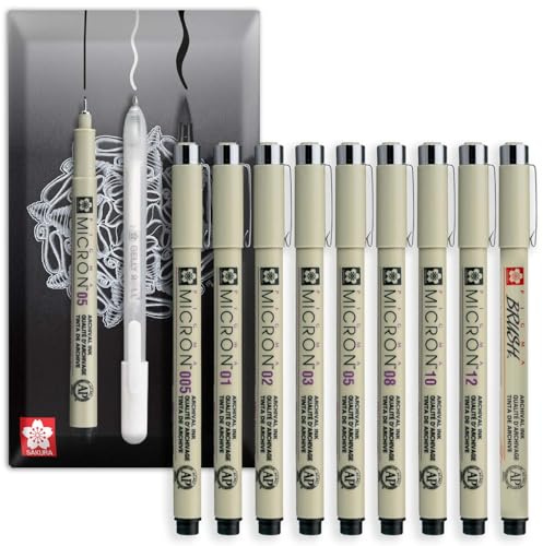 SAKURA Pigma Micron Fineliner Pigmentpenna – fin till bred + borste – vattentät, blekningsbeständig & permanent svart bläck – kuvert presentförpackning – set med 9 grader