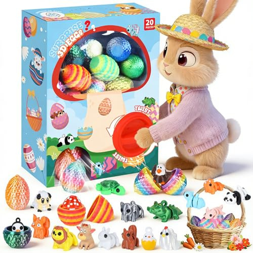 20Pcs Prefilled Easter Eggs with 3D Printed Animals, Easter Gifts for Kids Boys Girls Aged 3-10 Year Easter Egg Fillers Capsule Vending Machine with 3D Printed Dragon Eggs Easter Basket Stuffers