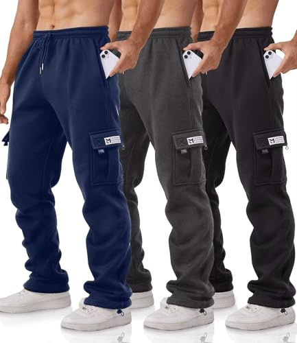 Minorlee 3 Pack Mens Cargo Joggers Relaxed Fit Mens Joggers Bottoms with Pockets, Tracksuit Bottoms Men Cargo Trousers Fleece Sweatpants Hiking Tactical Workout Pants