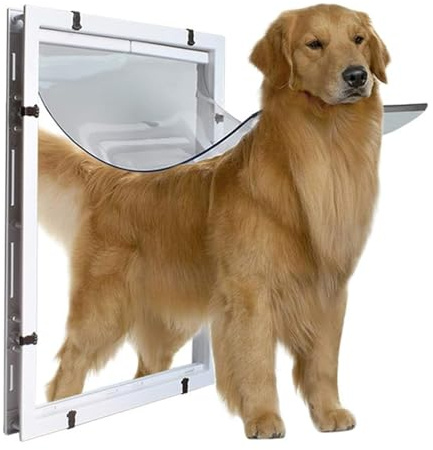 Extra stor hundlucka för stora raser, vit storlek S. Enkel att installera för husdjurslucka för glas-/trädörrar. Slitstark ABS-ram med PVC-panel. Säker åtkomst inomhus och utomhus för små katter ell