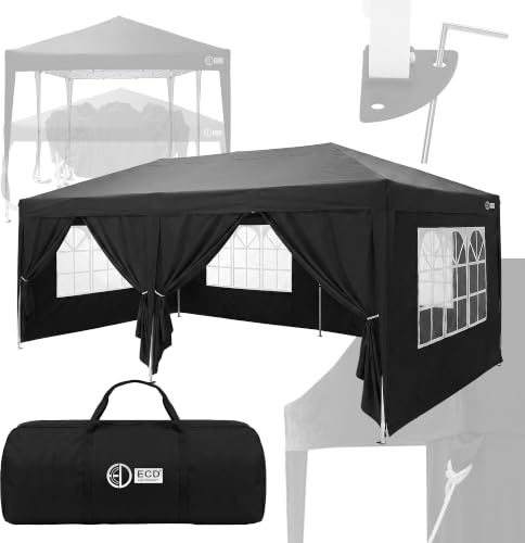 ECD Germany Carpa Plegable 3x6 m para Exteriores, Impermeable y Resistente al Viento, Pergola de Jardín, Cenador con 6 Paredes Laterales, Gazebo Negro Altura Regulable, para Fiestas, Camping, Eventos