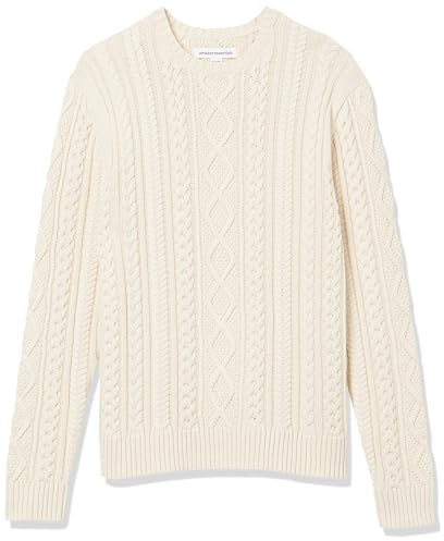 Amazon Essentials Maglione da Pescatore Girocollo a Coste a Manica Lunga in Cotone 100% Uomo, Bianco Sporco, M
