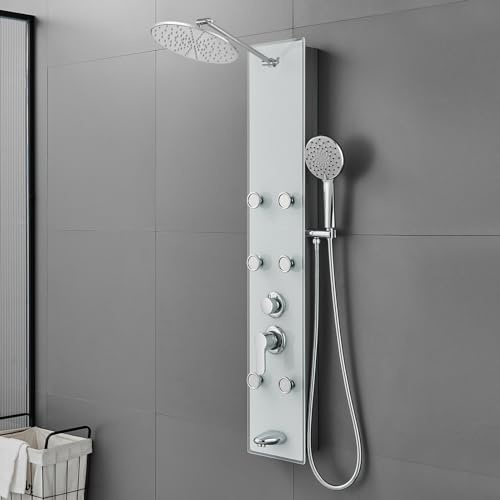 ROVOGO Tempered Glass Shower Panel System with Rainfall Shower, 6 Body Jets, Handheld Wand and Tub Spout, Shower Tower with Height Adjustable Shower Arm, White
