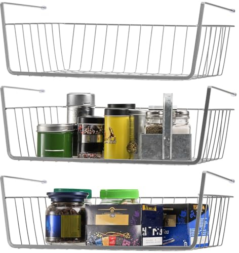 Jucoan 3 Pack Under Shelf Baskets, 38 x 25.4 x 14 cm Slide in Hanging Metal Wire Storage Baskets, Under Cabinet Shelf Storage Baskets for Kitchen Pantry Cupboard Dorm Room Closet Bookshelf, Large