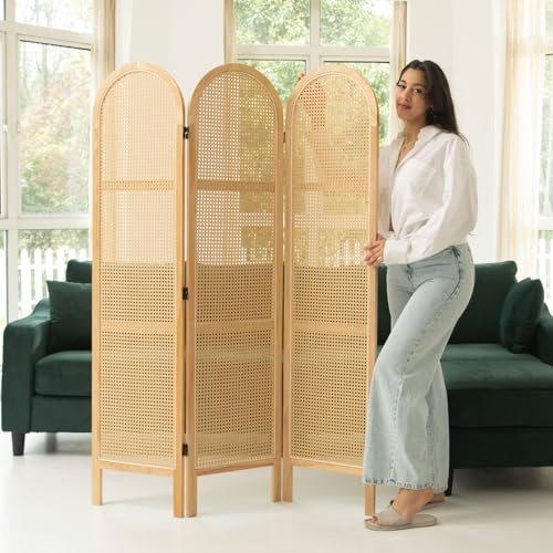 Svimi Room Dividers and Folding Privacy Screens, Pine Wood 5.6 Ft Double Hinged Rattan Partition Freestanding Wall Room Divider for Home - 3 Panels (Natural)