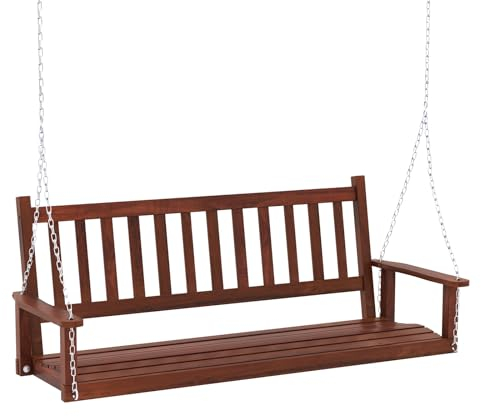 GOPLUS Hängebank, Gartenschaukel aus Pappelholz bis 227kg/360kg belastbar, Hängeschaukel mit Verstellbarer Kette, Hollywoodschaukel Schaukelbank Outdoor für Terrasse Garten Hof (3-Sitzer,Braun)
