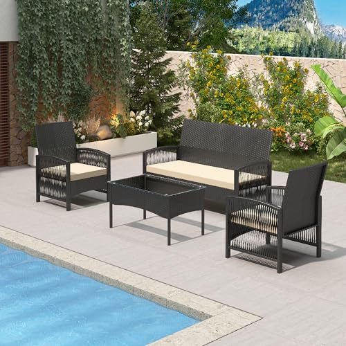 mcc direct 4Pcs Rattan Garden Furniture Set, Patio Rattan furniture sofa with 2 Armchairs, 1 Loveseat Sofa and 1 coffee table
