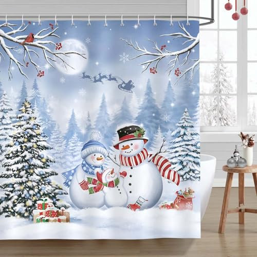 Bonhause Christmas Snowman Shower Curtain, Xmas Tree Snowy Forest Winter Bathroom Curtain 180 x 180 cm Waterproof Mildew and Mould Resistant Polyester Fabric Bath Curtain with 12 Hooks