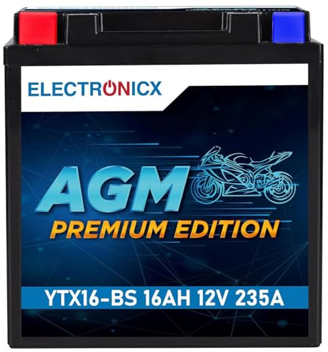 Electronicx YTX16-BS AGM motorcykelbatteri 12V 14Ah 235A – underhållsfritt & förseglat startbatteri för MC, skoter & powersport – vibrationssäkert, läckagesäkert, kompakt & färdig att montera.