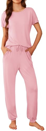 Ekouaer Womens Pyjamas Set Short Sleeve Cute Printed Long Pants 2 Piece PJ Sets Loungewear Sleepwear with Pockets, Pink, L