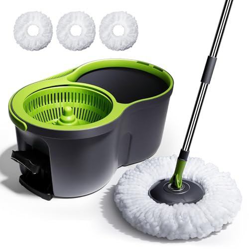 Mocio Lavapavimenti con Secchio,Masthome Secchio Lavapavimenti Rotomop,Mocio Professionale con Pedale, con 3 Panni in Microfibra Riutilizzabile e Lavabile in Lavatrice,per Tutti i Pavimenti,Verde