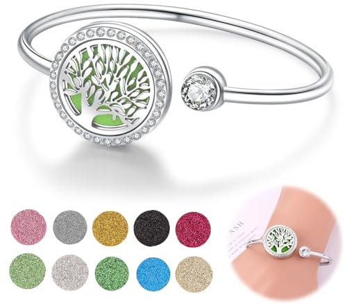 Bracelet Diffuseur D'huiles Essentielles, Arbre de vie, bijoux femme, Inoxydable Bracelet D'aromathérapie Réglable avec 10 Tampons de Recharge, Bon Cadeau de Fête des Mères Noël Saint-Valentin