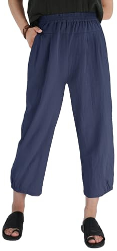 Les umes Pantaloni Donna Estivi Casual Cotone Elastici in Vita Pantalone Gamba Larga Leggeri con Tasche Blu XXXL