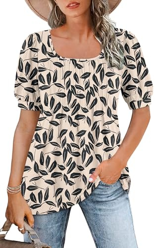 WNEEDU Ladies Tops Square Neck T Shirts for Women UK Summer Puff Short Sleeve Blouses Pleated Tunic Tshirts Flowy Elegant Casual Tee Leaf Silhouette 3XL