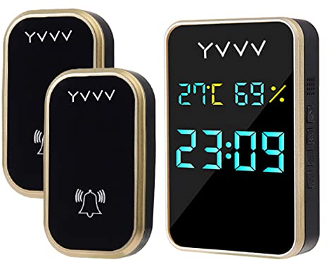 YVVV Funkklingel,Türklingel Funk 2 Sender & 1 Empfänger Ohne Batterie Wasserdicht,Anzeige Temperatur,Feuchtigkeit und Zeit 38 Melodien,4 Lautstärkestufen