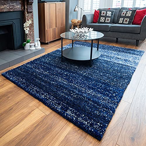 Thick Super Soft Stripe Navy Blue Bedside Living Room Shaggy Non Shed Rug Kids Durable Speckled Hygge Carpet Rugs 160cm x 230cm