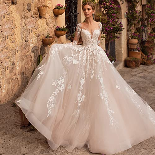 Abiti da Sposa A Manica Lunga da Donna Abiti da Sposa Lunghi con Elegante Scollatura A V sul Retro Abito da Sposa in Pizzo Nudo con Applique - Avorio White 38
