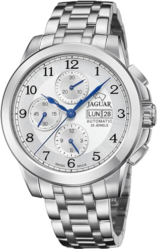 JAGUAR Swiss Made Reloj Automático Hombre de Acero Inoxidable 316L | Analógico, Calendario, Cristal Zafiro de Alta Resistencia, Resistente al Agua 10 ATM J978/1, Esfera Plateada, Hipoalergénico
