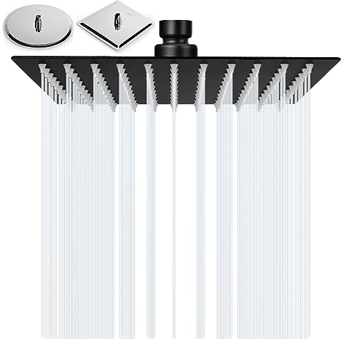 BalladHome Soffione Doccia Anticalcare 10 Pollici Soffione Quadrata Doccia a Pioggia in Acciaio Inox 304 Alta Pressione Docce Fisse Facile da Pulire e Installare (25cm, Nero)-F