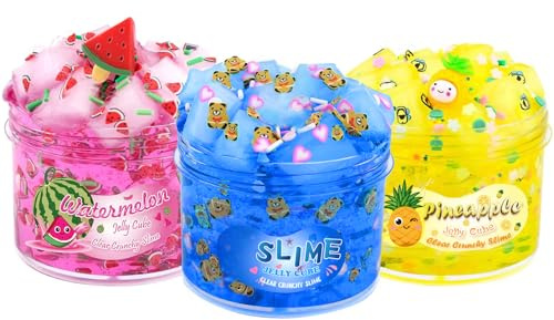 Slime Kit – 3-pack gelé kub klar knaprig slime med blå, vattenmelon och ananas berlocker, preppy estetiska saker, söta stressleksaker coola födelsedagspresenter idéer för flickor och pojkar