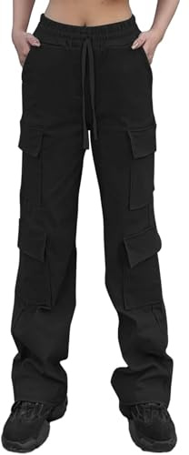 Nuofengkudu Black Ladies Cargo Trousers Stretch Loose Fit Elasticated High Waisted Combat Pants Straight-Leg Utility Pockets Drawstring Y2K Teen Girls Punk Streetwear Casual Bottoms 2XL
