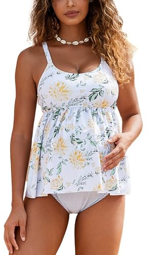 GINKANA Maternity Tankini Swimsuit Two Pieces Bathing Suits Cute Ruffle Hem Maternity Swimwear Pregnancy Swim Suits,Yellow Floral,M