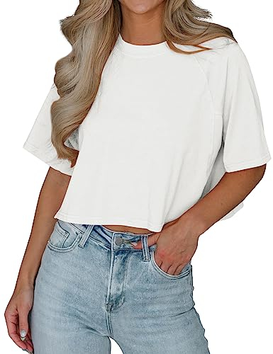 Imily Bela T-Shirt Damen Sommer Kurzarm Basic Crop Tops Casual Oversize Sport Oberteile(Weiß,L)