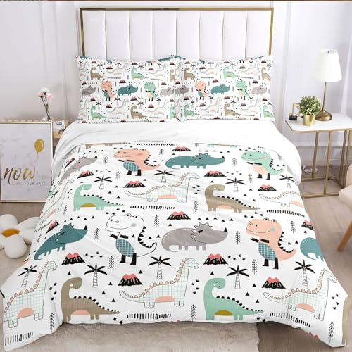 Ropa de cama infantil con diseño de dinosaurios, 135 x 200 cm, diseño de animales de dibujos animados, juego de ropa de cama con lindos dinosaurios para niños y adolescentes, con funda de almohada (A