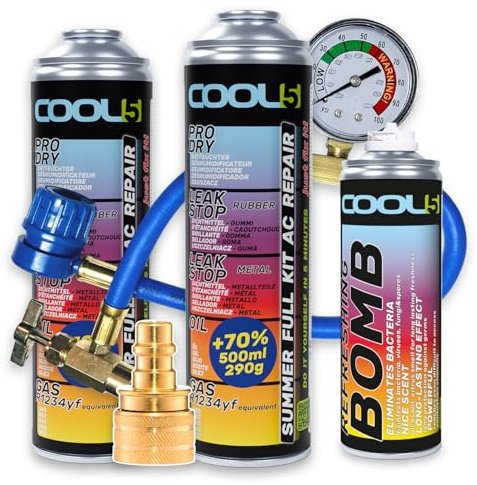Cool5 Kit de reparación de Aire Acondicionado Summer Full Kit AC 5 en 1 (R1234yf Gas de Repuesto) con Manguera medidora – para vehículos a Partir de año de construcción 2017, 290 g + 70% de Producto