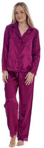 UC Ex High Street Brand Revere Collar Pyjamas for Women, Long Sleeve Womens Pyjamas Satin Silk Ladies Pjs Women's Nightwear UK 6-22 Loungewear Pjs for Women Sets Purple