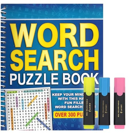 ihoot Spiral Word Search Books for Adults Bundle | Puzzles for Adults and Teens | 1x Book PLUS Handy Pack of Highlighter Pens | Brain Teasers Puzzle Book, Wordsearch Word Game