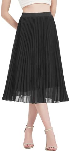 Kefiyis Rock Damen Lang Plisseerock Damen Sommer Rock A Linie Elastische Hohe Taille Faltenrock Elegant Chiffon Midi Röcke Schwarz M