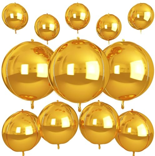 12Pcs Gold Round Foil Balloons, 22 15 10 4D Ball Balloons, Metallic Gold Foil Balloon for Birthday Graduation Wedding Anniversary New Year Eve Disco Party Backdrop Decorations