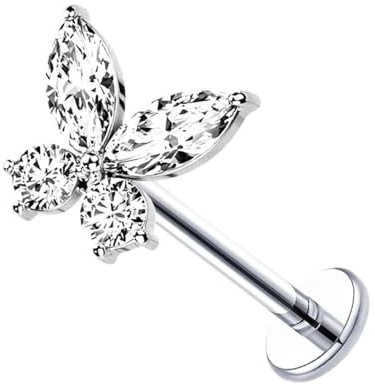 Besyvvin Plata de ley 925 Barra de labios 10mm Flat Back Helix Tragus Labret Cartilage Stud Butterfly 16G Piercing Joyería