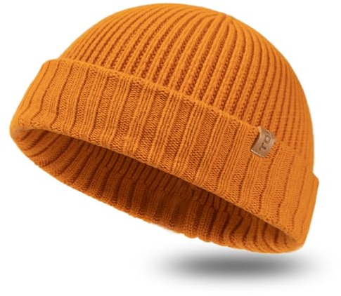 TOP-EX XL/XXL 100% Merino Wolle Trawler Beanie Herren Damen Fisherman Beanie Wintermuetze Strickmuetze Orange XL/XXL