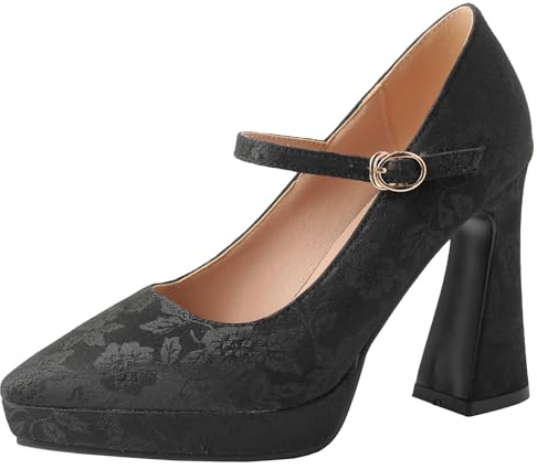 XIEPP Mary Jane - Decolleté da donna in pizzo, con tacco alto e plateau, Nero , 36 EU