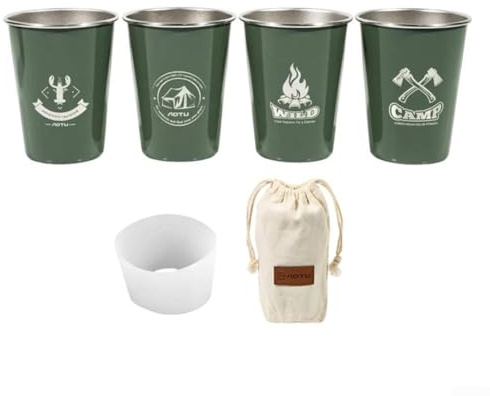 Lot de 4 gobelets réutilisables en métal 304 - 350 ml - Empilables - Avec sac à boisson et toile en acier inoxydable - Pour camping (vert)
