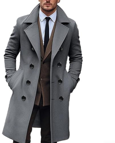 Gabardina de negocios para hombre, abrigo de invierno con solapa de doble botonadura, chaqueta para caballero, ropa de abrigo de manga larga cortavientos (XL, gris oscuro)