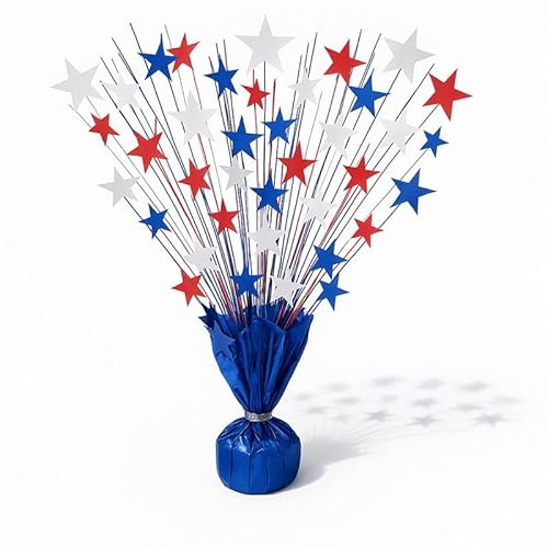 PMU 3Pc Bursting Star Metallic Foil Spray Centerpiece- Red, White and Blue Balloon Weights Party Table Decorations Centerpiece for Veterans, 4th of July and Independence Day Celebration 15in / 7.34cm