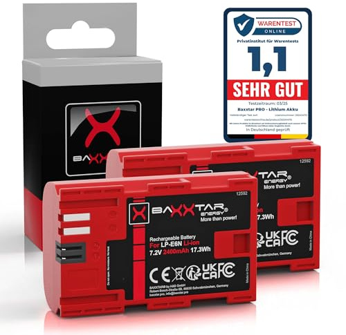 Baxxtar 2X LP-E6N Akku 2400mAh Ersatzakku kompatibel mit Canon EOS 5D Mark II Mark III 5DS R5 R 6D 7D 60D 60Da 70D 80D 90D XC10 XC15 5 6 7 60 70 80 90 D LP-E6 LPE6 LPE6N
