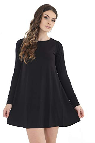 NC Limited Women's Ladies Girls Swing Dress *Long Sleeve* Tops T-Shirts Skater Dresses Vest Crew Neck Top Sizes 8-26 (Black, M-L)