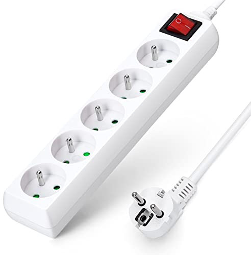 Aigostar Multiprises 5 Prises avec Interrupteur, 2P+T, Extension d'alimentation de 1.5 Mètre, Sécurité Enfant, Française, Blanc, 16A 250V