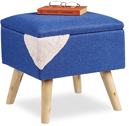 Relaxdays Hocker mit Stauraum, Kunstleinen-Bezug, gepolstert, Holzbeine, Fußhocker mit Deckel, HBT 40x40x40 cm, blau, 10029605_45