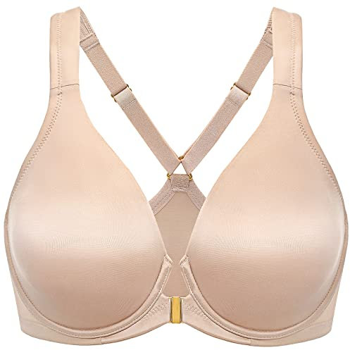 Delimira Women's Front Fastening Bras Plunge Plus Size Underwired Racer Back Unlined T Shirt Bra Beige 38G