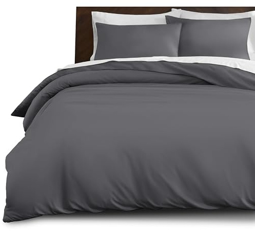 Imperial Rooms King Size Duvet Cover Sets Brushed Microfiber 3 PCs Plain Grey Bedding Set with Pillow Cases Button Closure Ultra Soft Quilt Bed Cover (230 x 220 Cm)