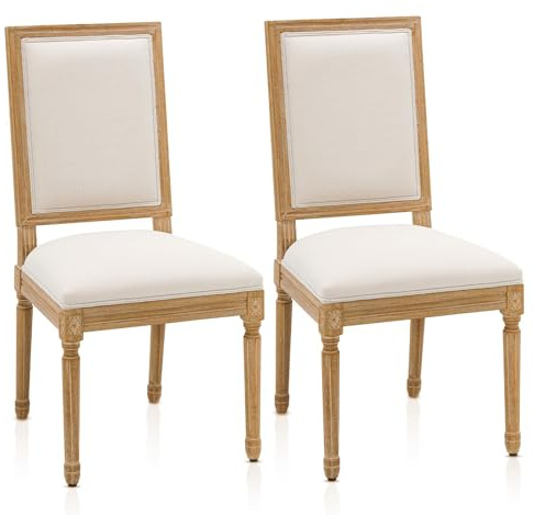 Furniliving French Country Dining Chairs Set of 2, Upholstered Dining Room Chairs with Back Farmhouse Kitchen Chairs for Living Room, Kitchen, Restaurant (Beige-Square)